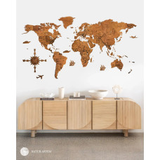 Nástenná drevená mapa sveta 3D, ručne vyrábaná, 150x75cm gaštan