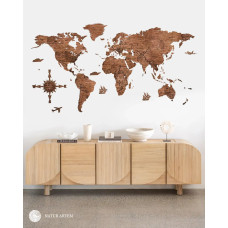 Nástenná drevená mapa sveta 3D, ručne vyrábaná, 150x75 cm teak