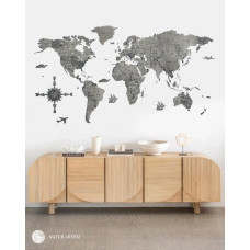 Nástenná drevená mapa sveta 3D, ručne vyrábaná, 250x125 cm sivá