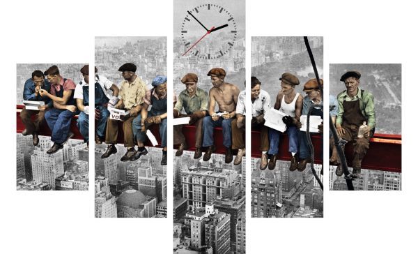 5-dielny obraz s hodinami, NY Robotníci, 100x70cm 