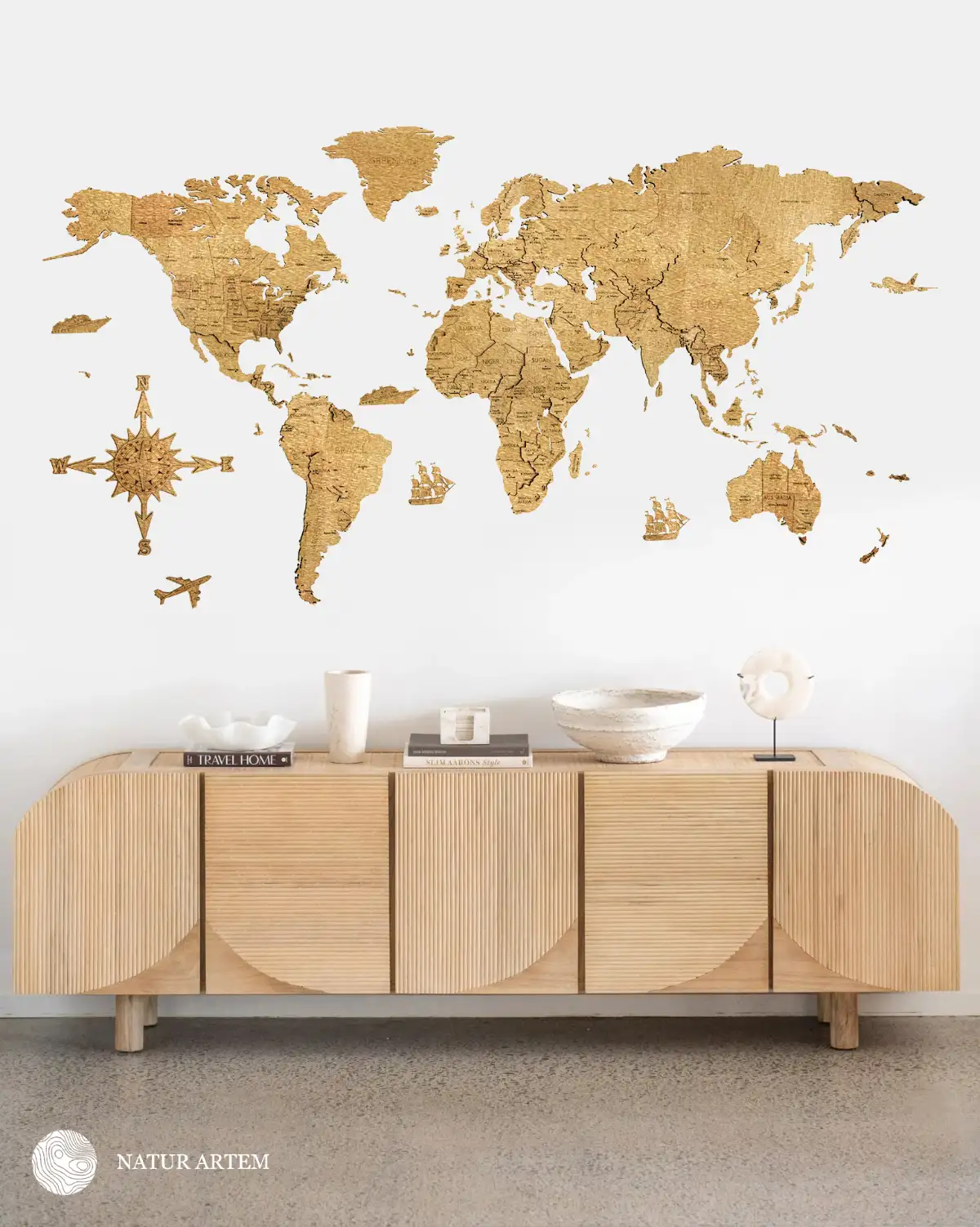 Nástenná drevená mapa sveta 3D, ručne vyrábaná, 150x75 cm dub 