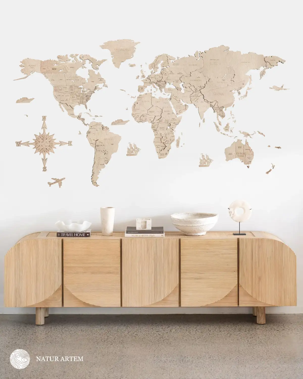 Nástenná drevená mapa sveta 3D, ručne vyrábaná, 250x125cm natur 