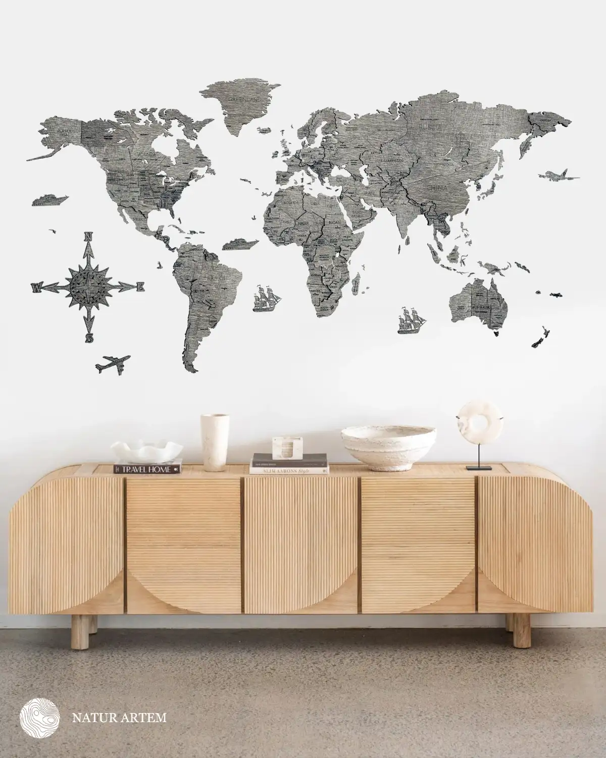 Nástenná drevená mapa sveta 3D, ručne vyrábaná, 250x125 cm sivá 