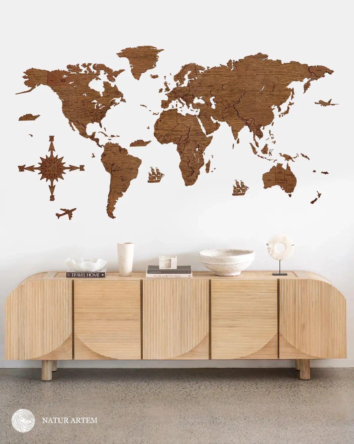 Nástenná drevená mapa sveta 3D, ručne vyrábaná, 300x150cm orech 